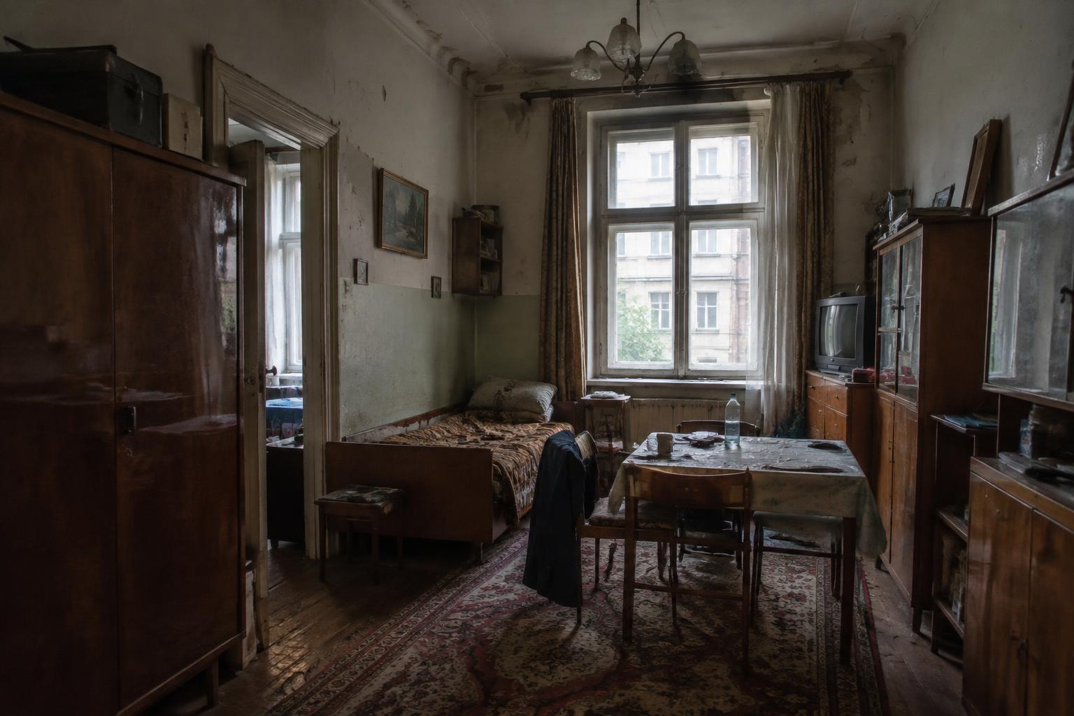 Umeblowane, stare wnętrze mieszkania w kamienicy
