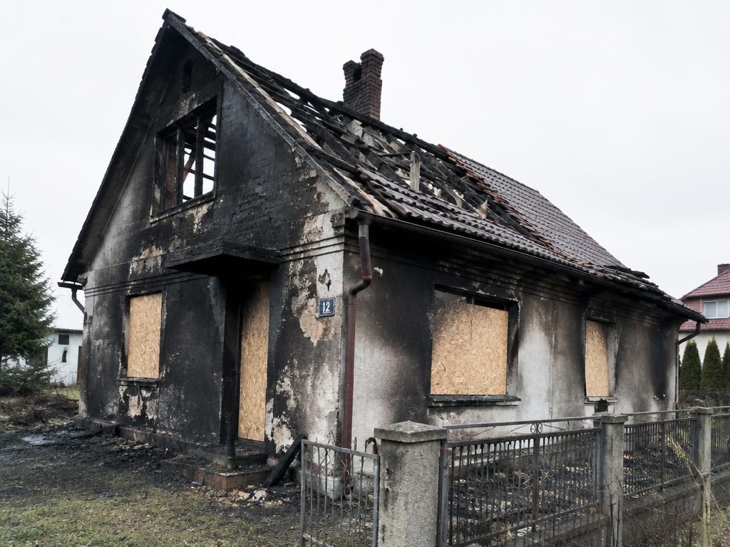 Dom po pożarze z nadpaloną elewacją i dachem